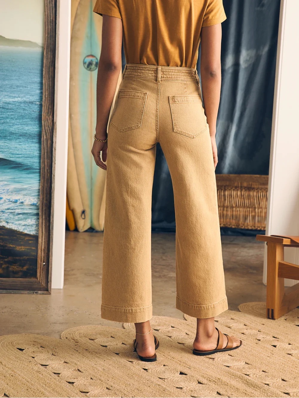 Faherty Harbor Crop Jeans Gilded Sand High Rise Wide Leg Size 28